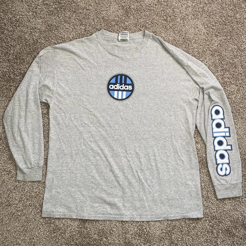 Vintage Adidas Shirt Mens L Gray Chest Logo Long Sleeve Tee